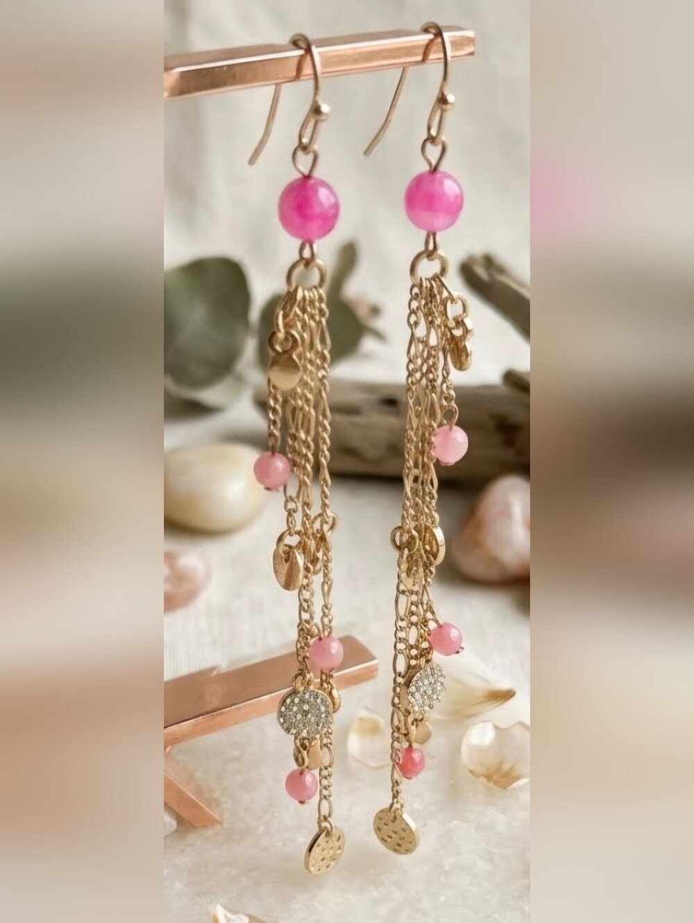 Gold Dangle Chain Earrings with Pink Beads